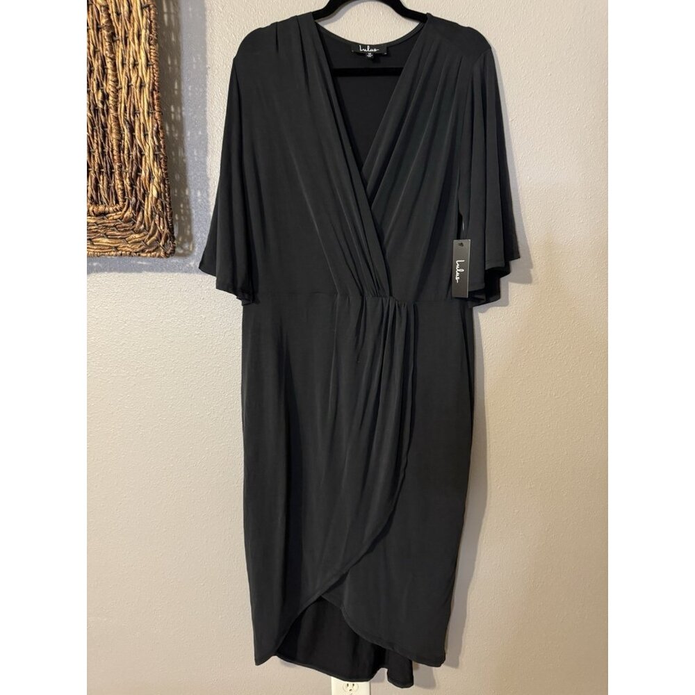 Lulus Midi Dress 1X Black Short Flutter Sleeve Stretch Silky Soft Washable NEW - Picture 8 of 9